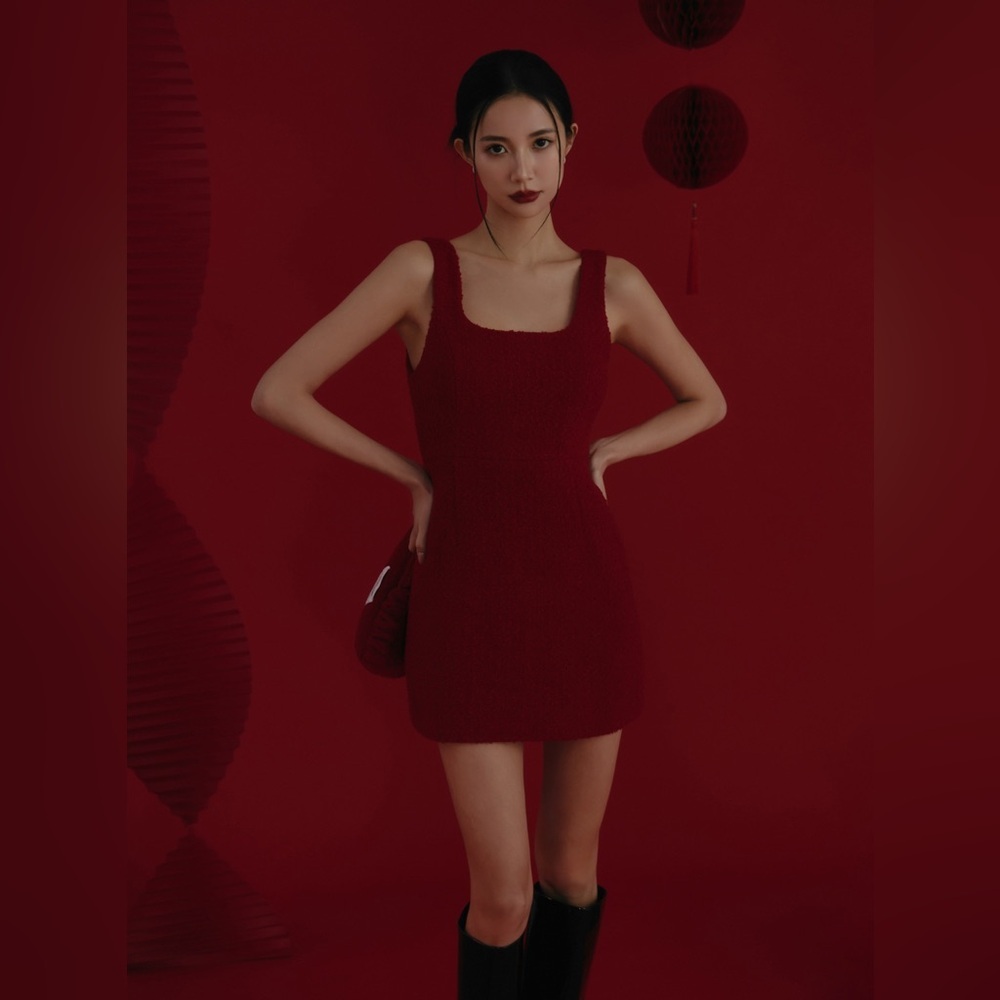 NWT Lunar New Year Lucky Red U-neck Tweed Dress